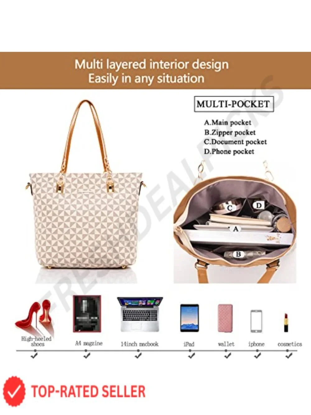 Women's Satchel Shoulder Bag Tote Set Faux Leather Office Handbag with Clutch